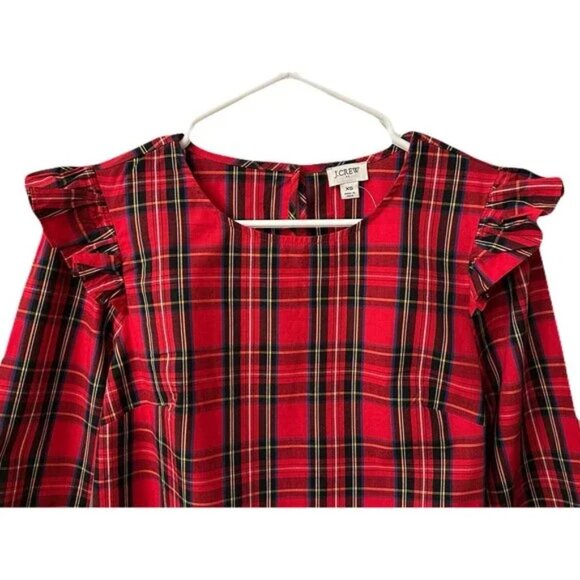 Re-Imagined by J. Crew Women's Red Tartan Ruffle Long Sleeve Top Blouse Small - Picture 2 of 9
